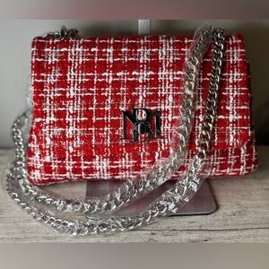 Badgley Mischka Red and White Tweed Crossbody Bag